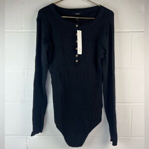 Aqua Black Rib Knit Long Sleeve Henley Bodysuit, Large